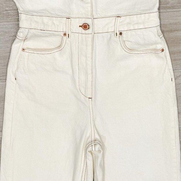 Zara Cotton Denim Jumpsuit Boilersuit with Contrast Topstitching in Ecru Size XS - Picture 8 of 16